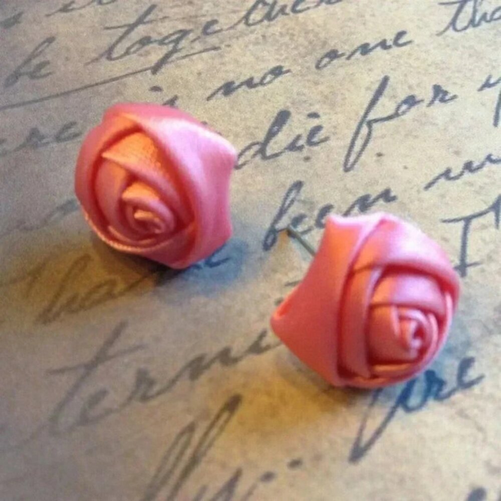 Handmade Satin Rose Retro Victorian Fabric Stud Earrings Dark Pink